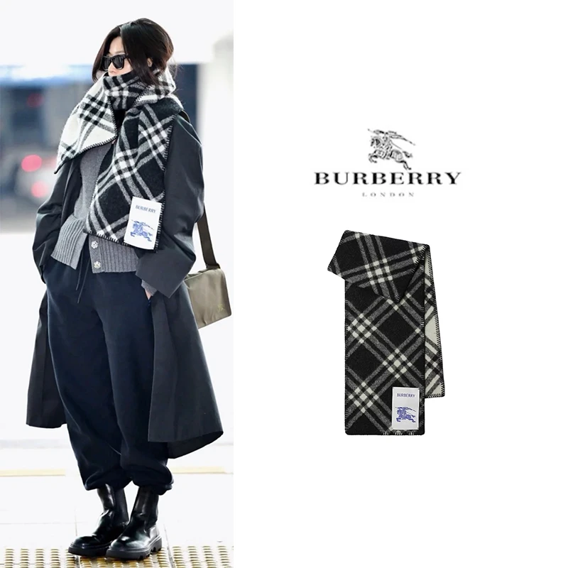 Burberry博柏利 条纹装饰Logo字母贴布绒线围巾男女同款黑色/红色