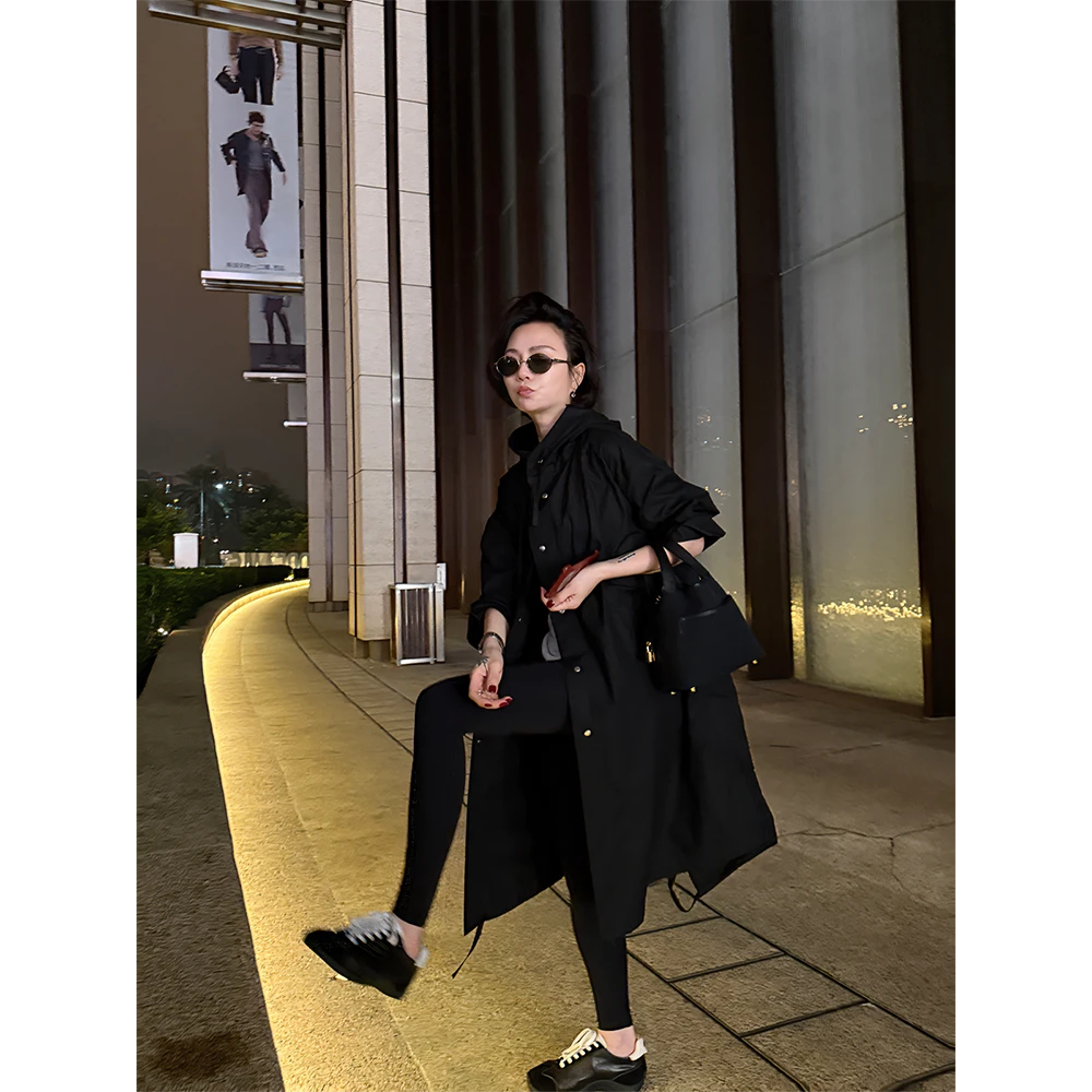 SHIIEELL宽松连帽印花字母廓形风衣外套Z9357