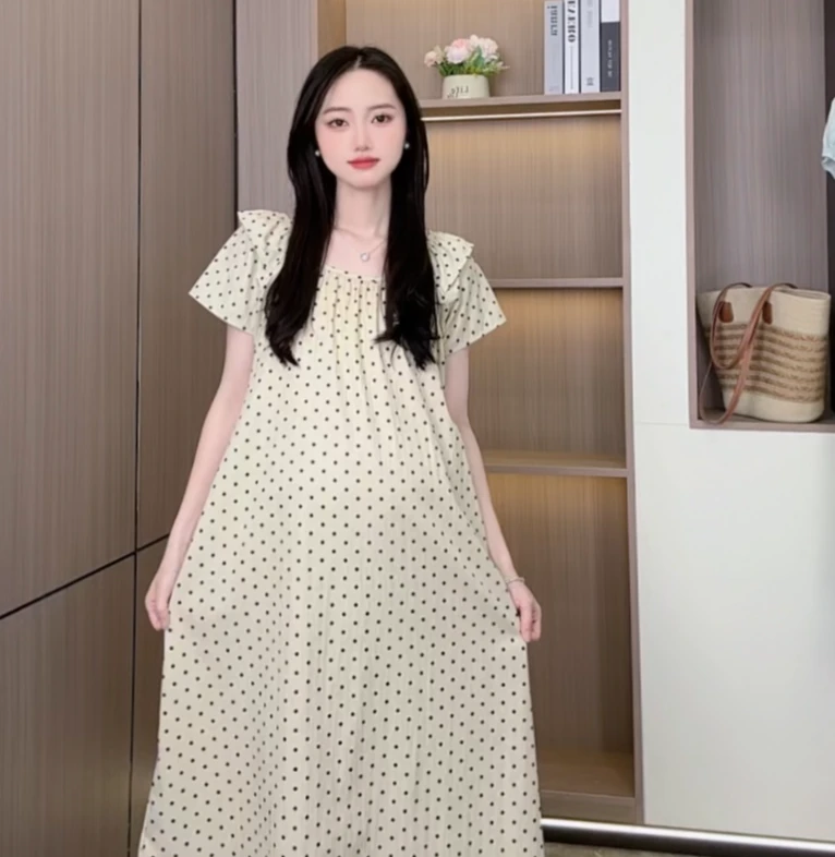 孕妇装夏季2025圆领连衣裙夏装新款飞飞袖波点裙中长款宽松大码