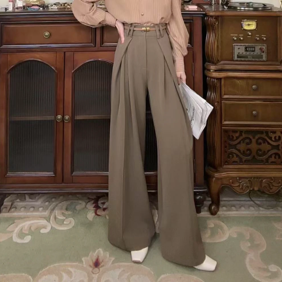 现货【港万】通勤百搭显瘦阔腿女裤高腰长裤阔腿裤西装裤K558