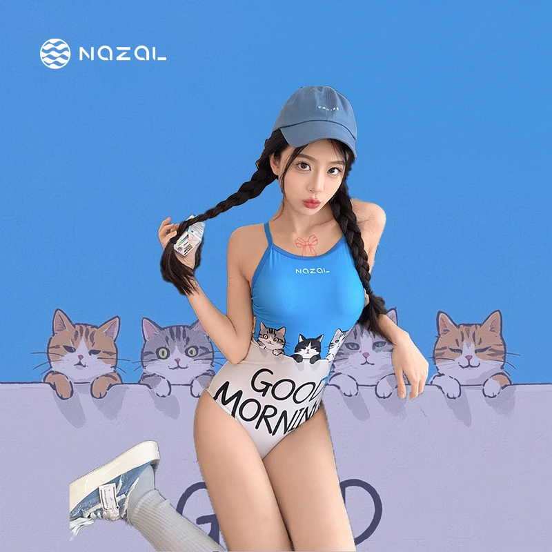 NAZAL卡通猫 泳衣女竞速专业训练连体三角新款遮肚显瘦游泳衣初学