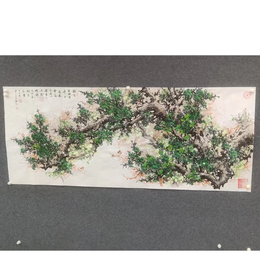 王夫怀-《傲雪红梅贵千金》绿-八尺横幅宣纸-纯手绘作品