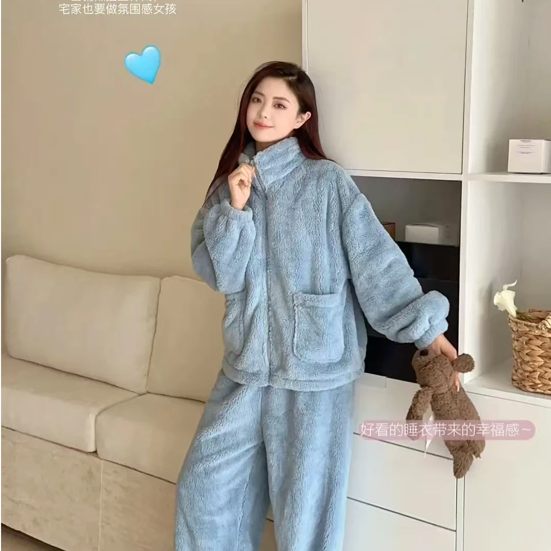9341-升级款加厚珊瑚绒拉链睡衣套装（两色）