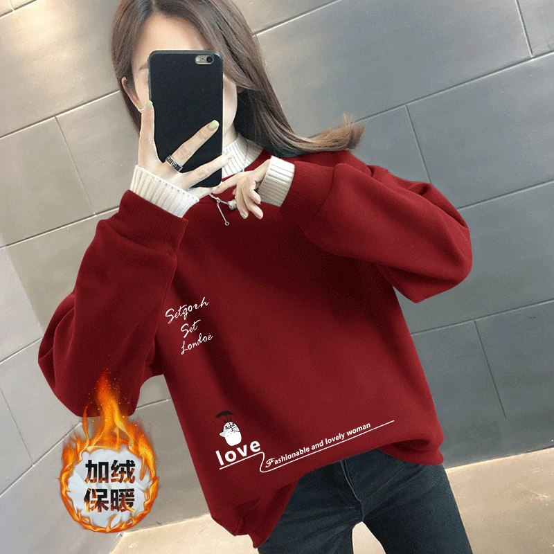 新年红色卫衣冬季新款爆款半高领长袖高档加绒加厚圆领假两件保暖