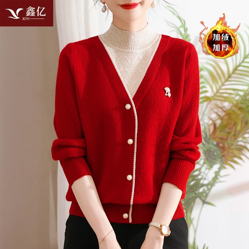 2025秋冬加绒加厚妈妈毛衣宽松打底衫中老年时尚洋气上衣保暖毛衣