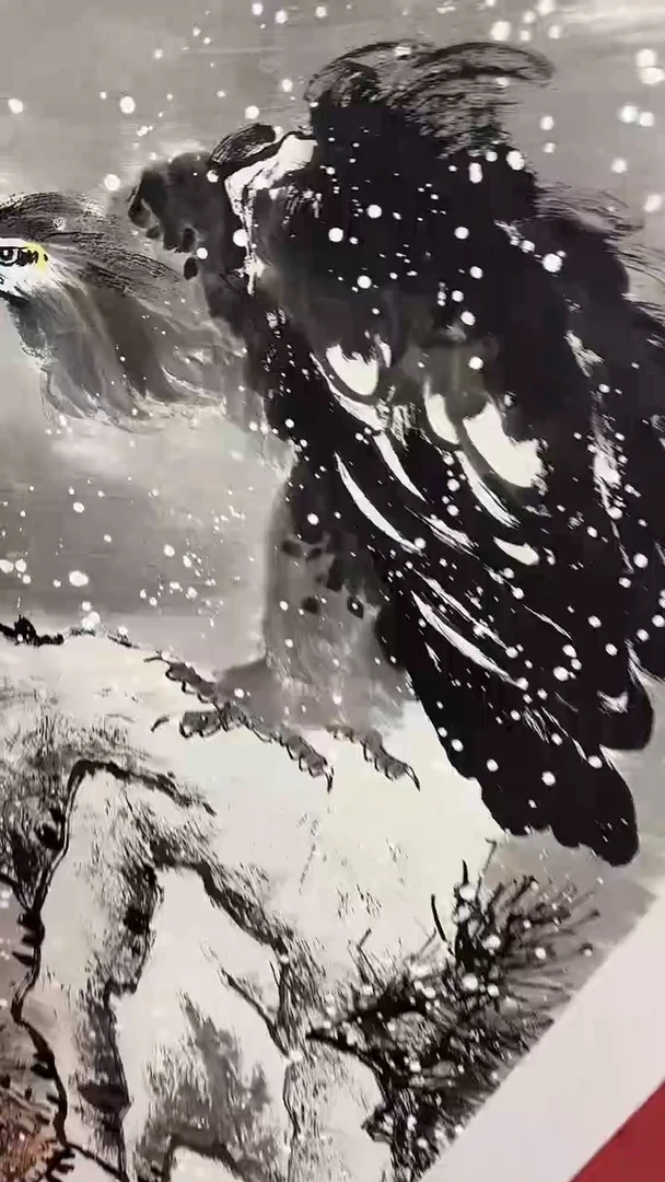 国画苍鹰傲雪峰