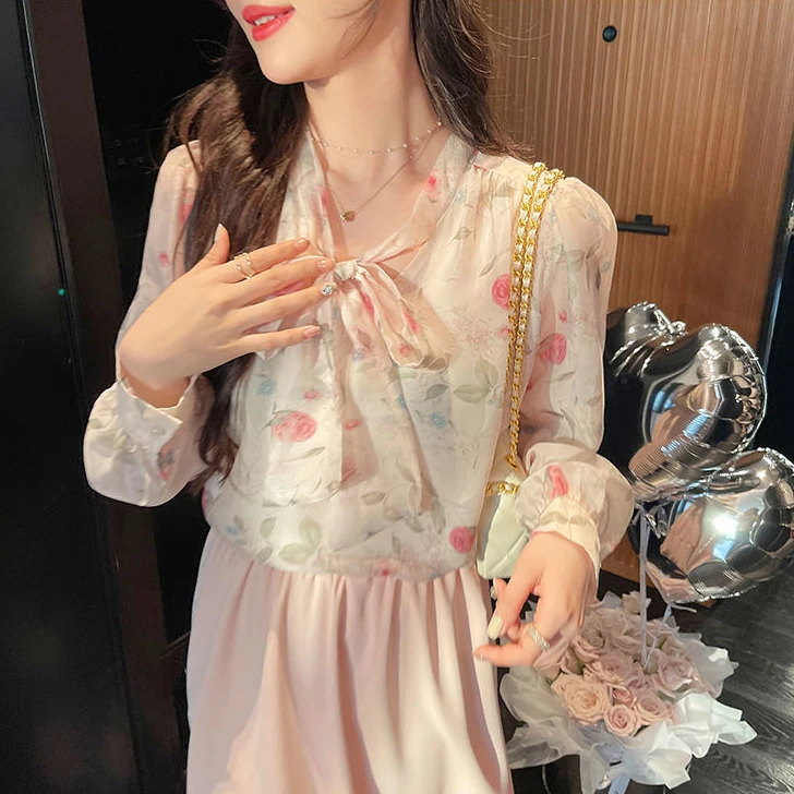 碎花洋气时尚衬衫显瘦气质衬衣长袖夏季法式小众设计感百搭系带