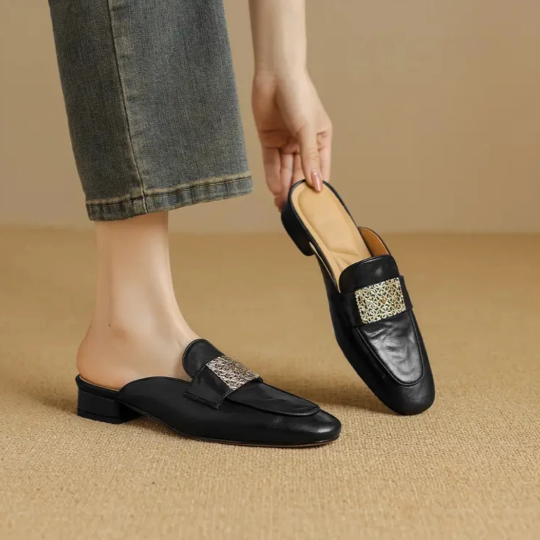 【NIC】真皮包头半拖鞋女外穿2025夏新款平底单鞋穆勒鞋懒人水钻