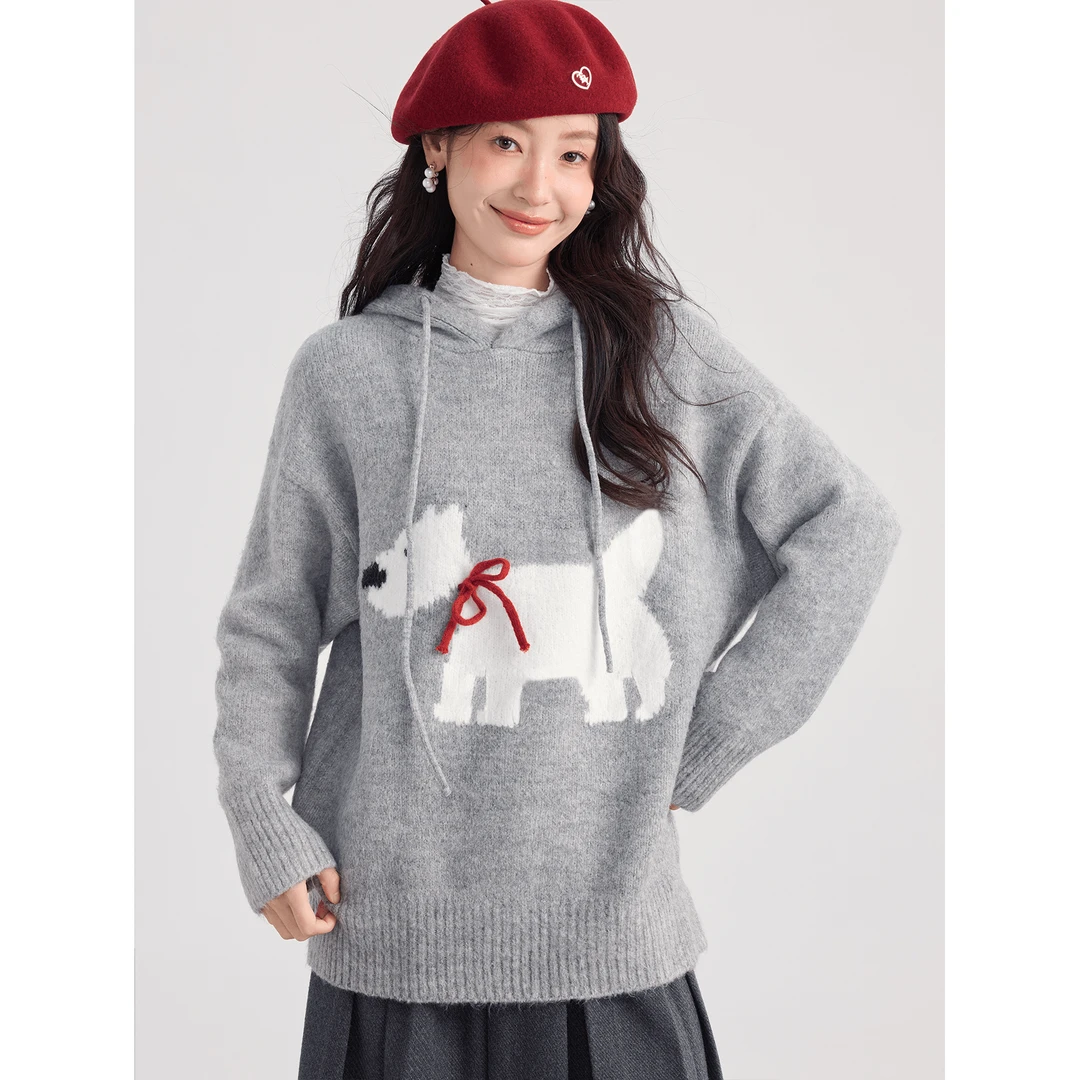 爱蔷薇大码小狗毛衣秋冬女连帽针织衫2024新款上衣慵懒风GT74654