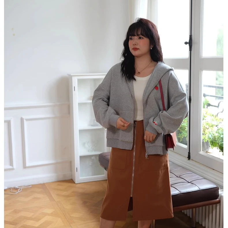 Lrosey/蓝若水大码女装休闲连帽卫衣开衫春季遮肚藏肉外套1331