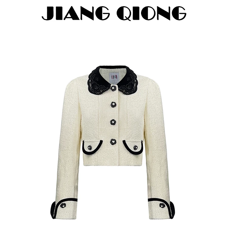 姜穹JIANGQIONG丝绒刺绣钉珠领玫瑰花扣饰小香风短外套