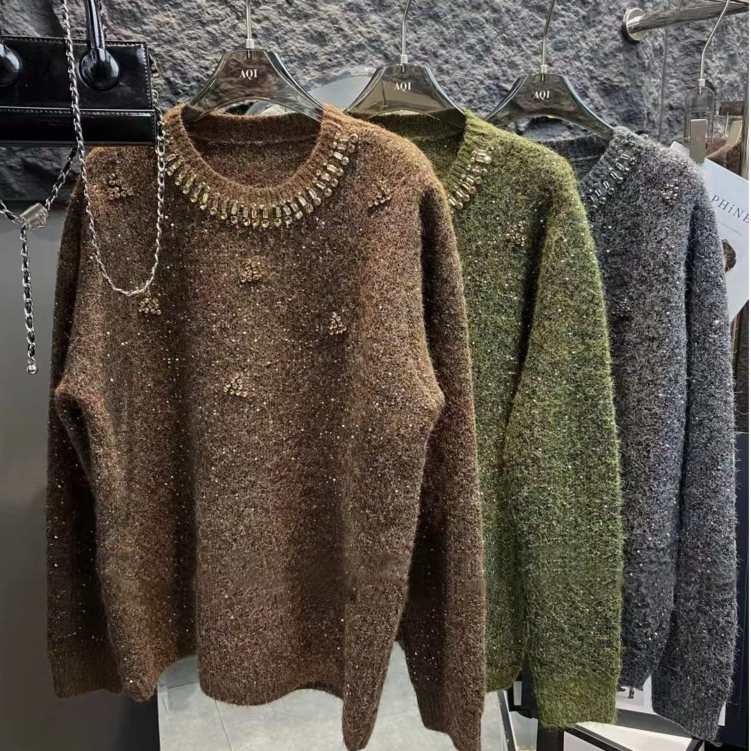 水钻亮片手工重工毛衣针织百搭宽松毛针织衫常规圆领冬季