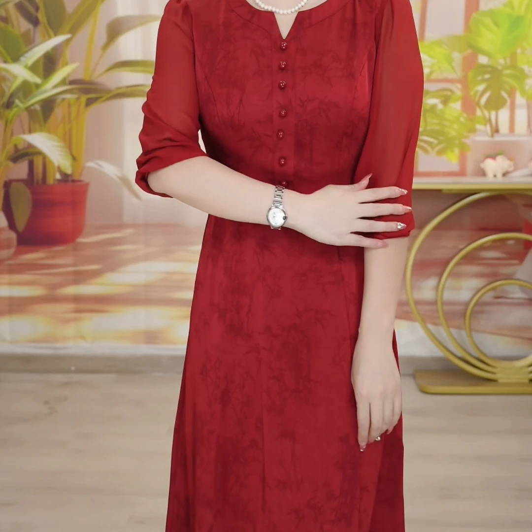 X0546 夏季气质连衣裙女显瘦超仙遮肉修身红色连衣裙