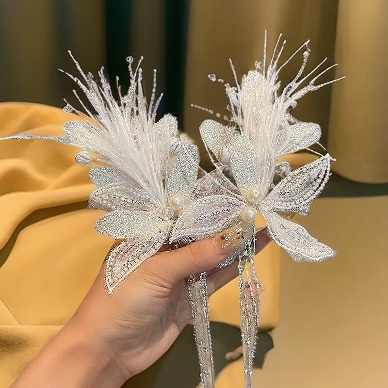 超仙羽毛水钻流苏发夹精致优雅蝴蝶侧边夹刘海夹气质新娘发饰发卡