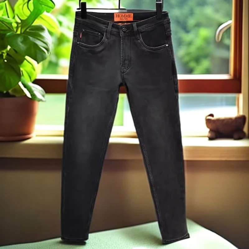 娜罗普西时尚黑灰色九分牛仔裤男加厚潮牌修身弹力休闲长裤新款