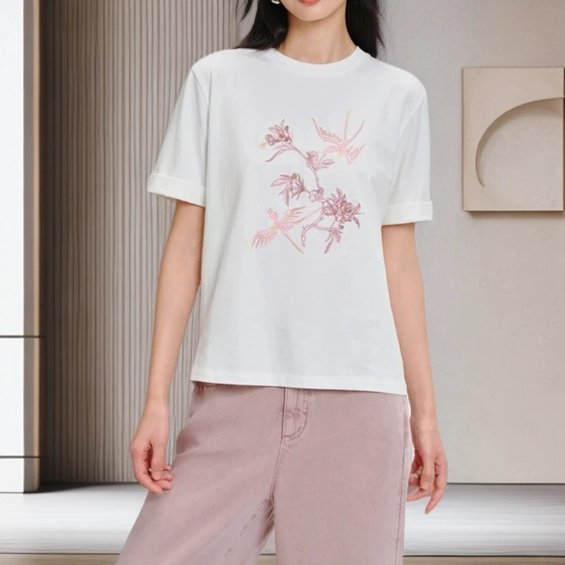 【EP雅家】 重工刺绣圆领长绒棉短袖t恤上衣 2025新款EP8146