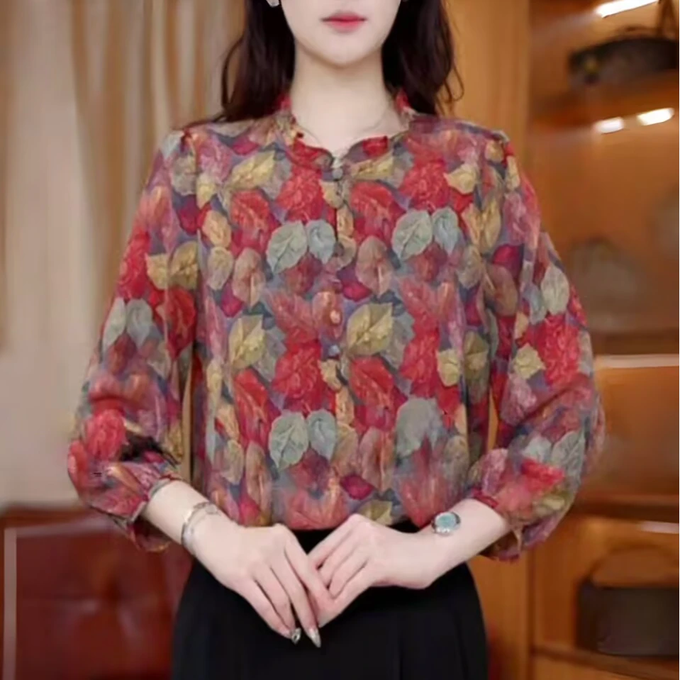 七分袖夏季薄款碎花冰丝衬衫大码胖mm遮肚显瘦宽松防晒雪纺小衫