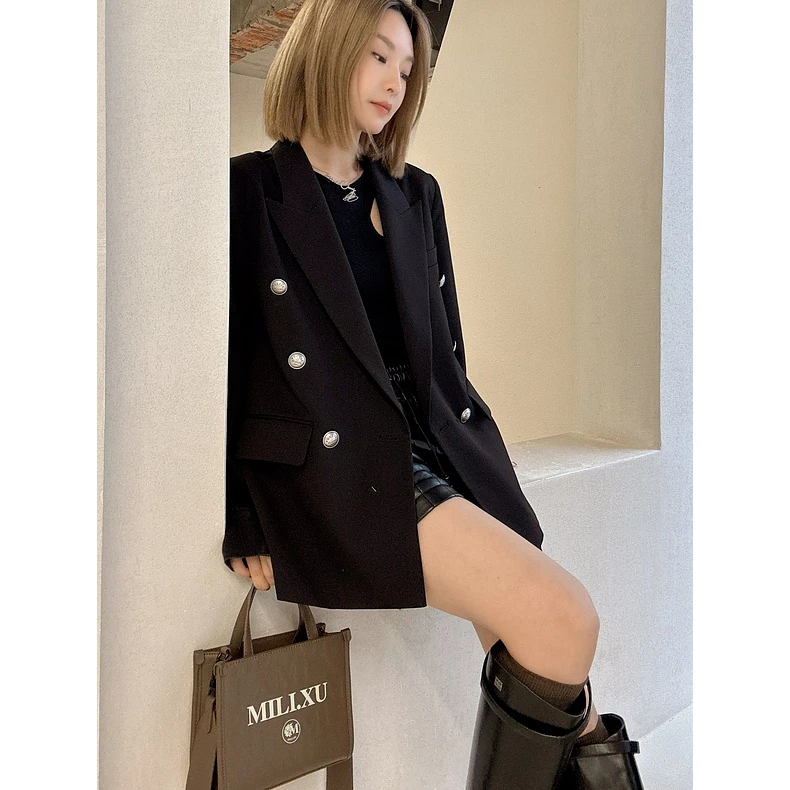 尤缇拼接牛仔宽松显瘦休闲中长西装外套女