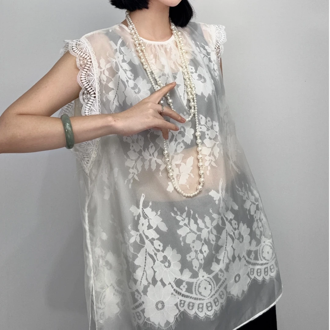 161#无袖衬衫女2025夏季新款设计感小众蕾丝钩花薄纱网红上衣潮