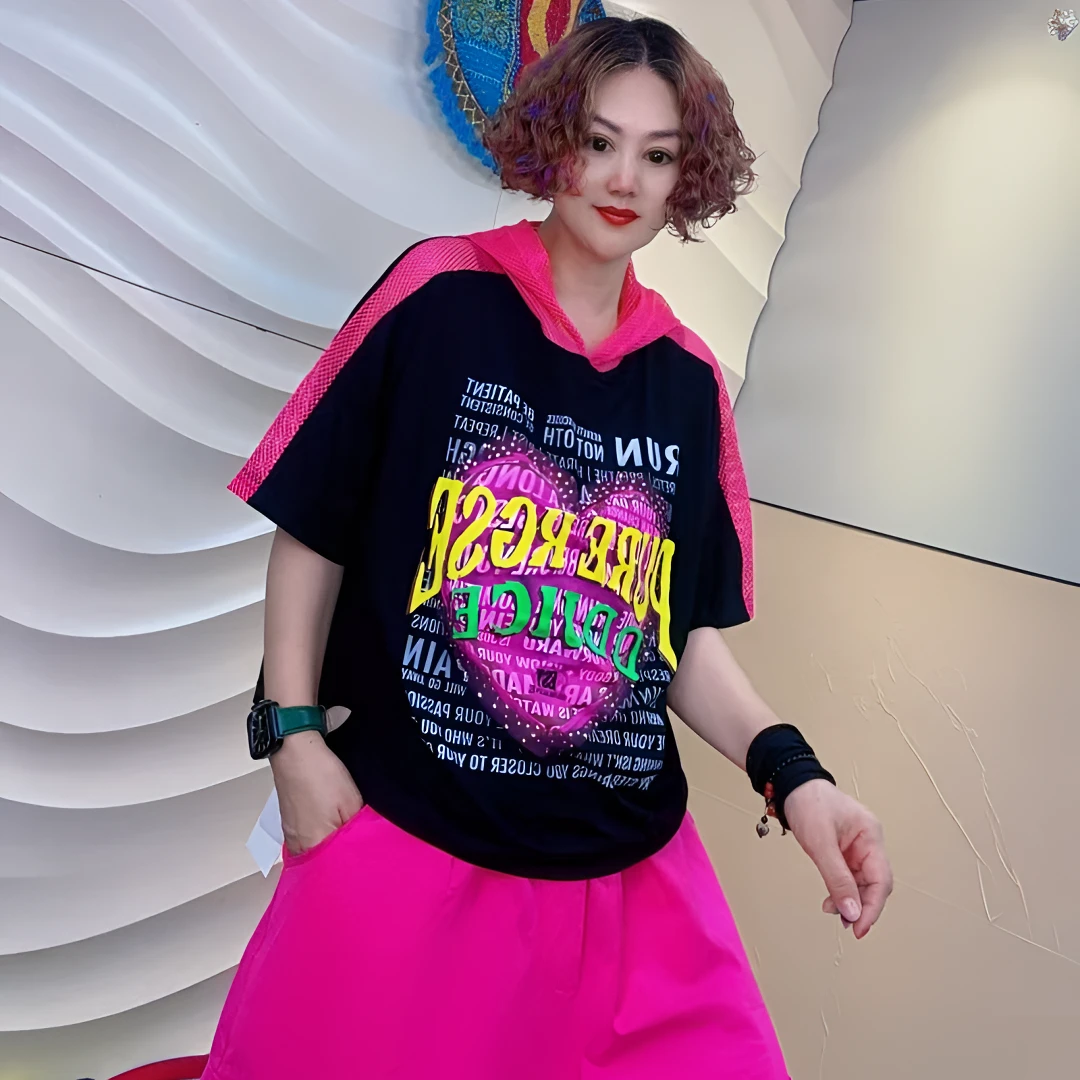 {欧洲站}梦姐同款时尚镂空连帽拼接T恤