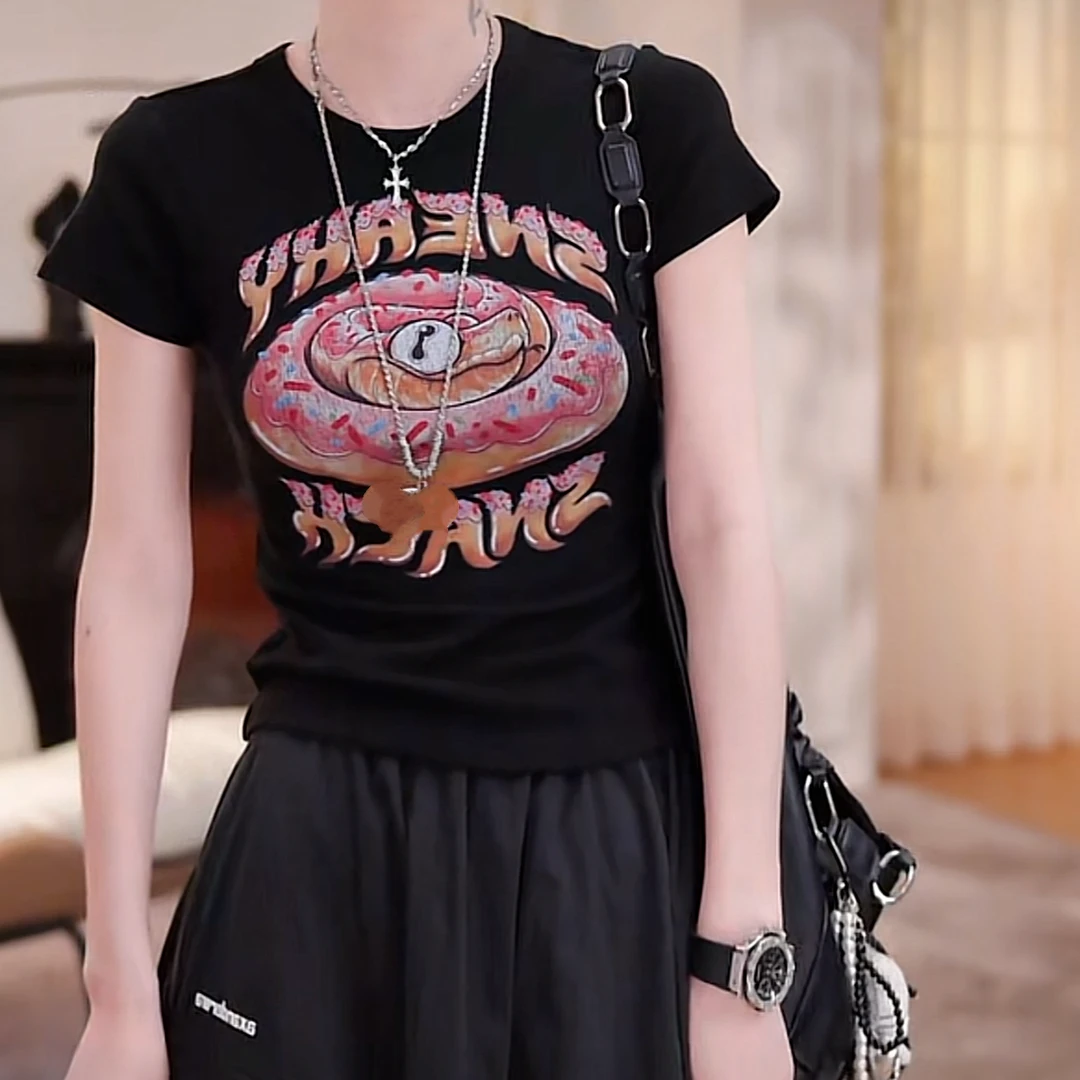 韩版时尚重工印花短袖t恤2025夏季新款修身显瘦内搭复古百搭上衣