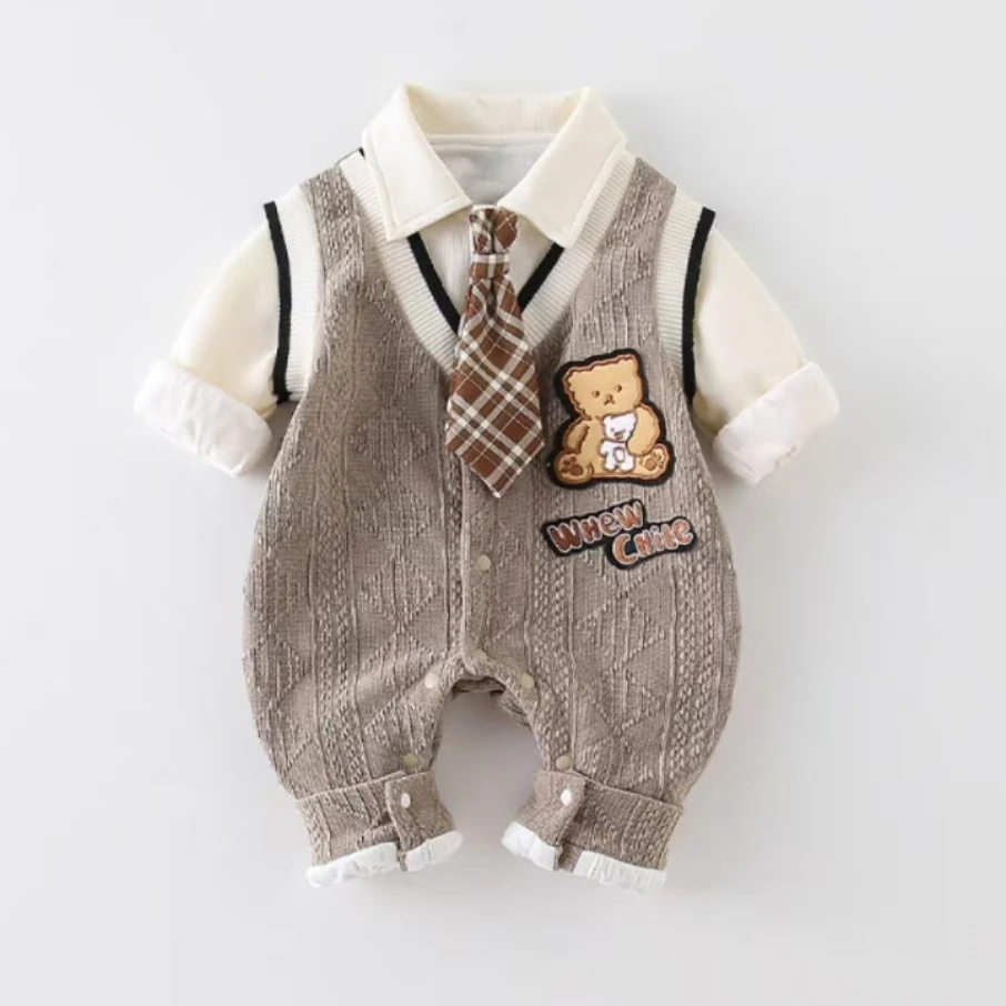 婴儿衣服春秋装男宝宝连体衣帅气满月百天婴幼儿周岁礼服哈衣