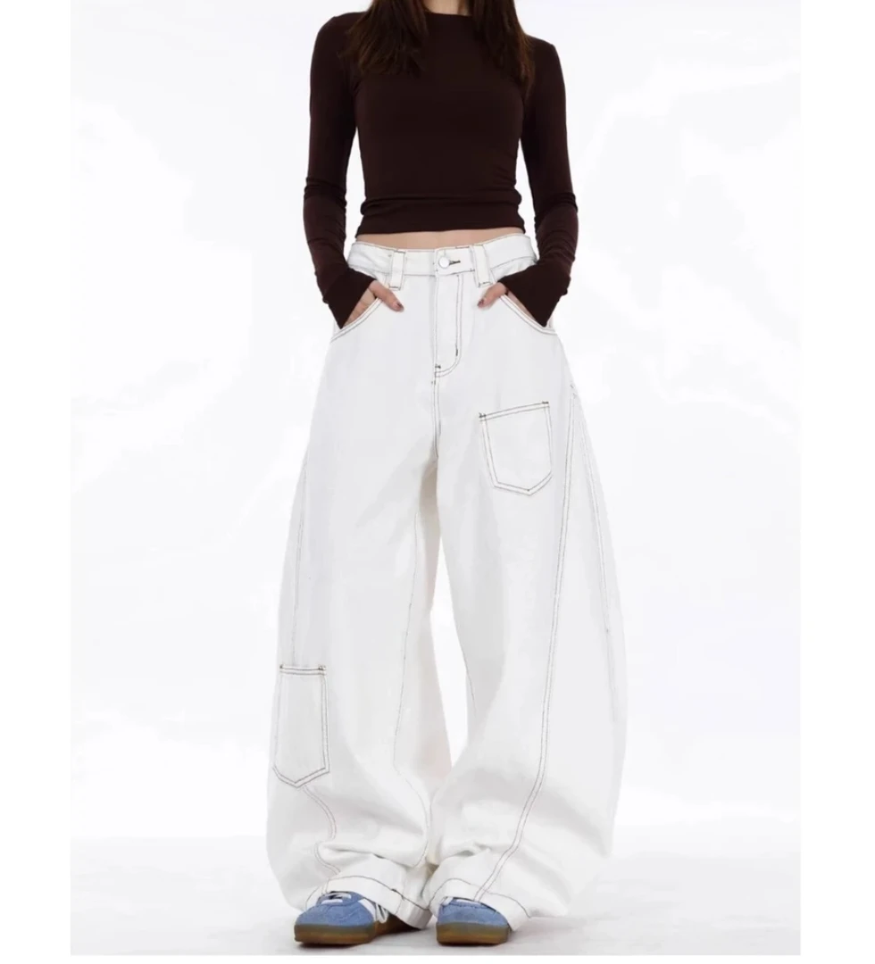 美式复古印花卉阔腿弯刀牛仔裤女vintage显瘦情侣休闲裤阔腿牛仔