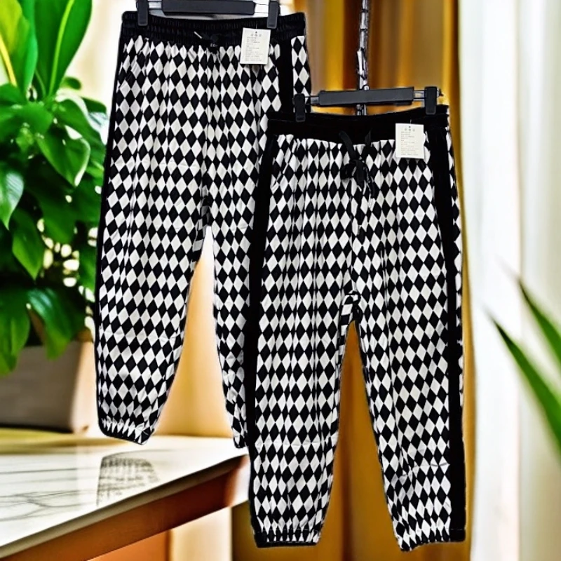 180-220斤 裤长88-90 高腰高弹棋盘格休闲筒裤