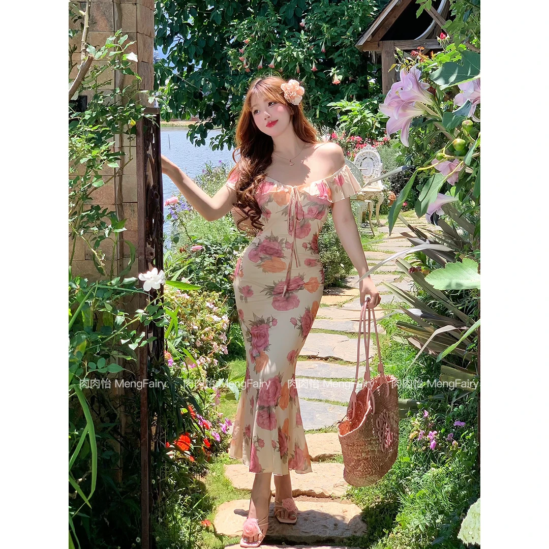 肉肉怡 清清【晨露玫瑰】夏季荷叶花边印花包臀连衣裙6084B