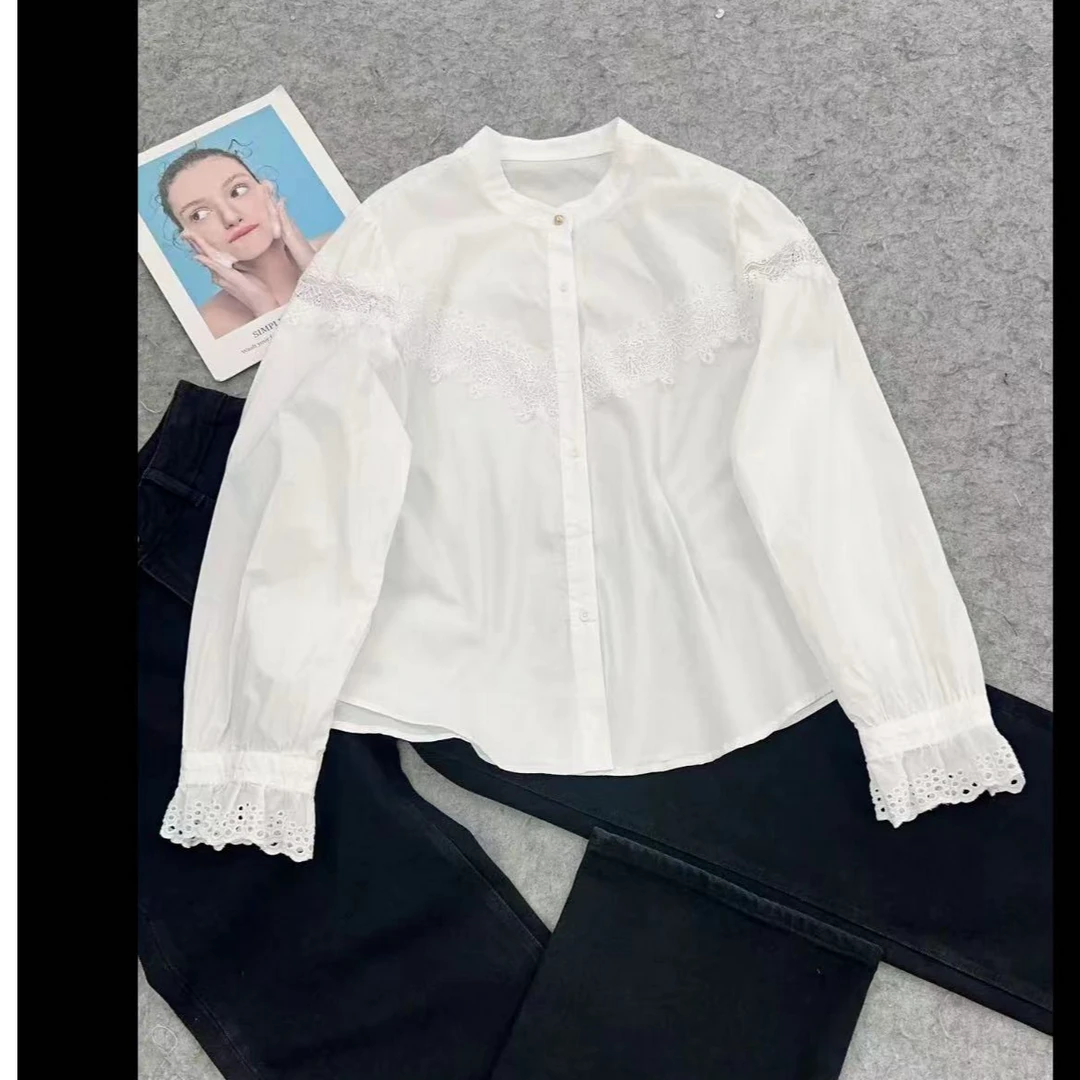 蕾丝边小立领百搭衬衫