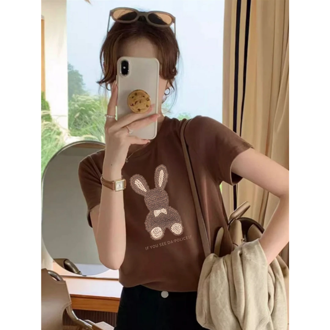 2025新款美式超火正肩短袖t恤女夏季百搭小个子显瘦圆领短款上衣