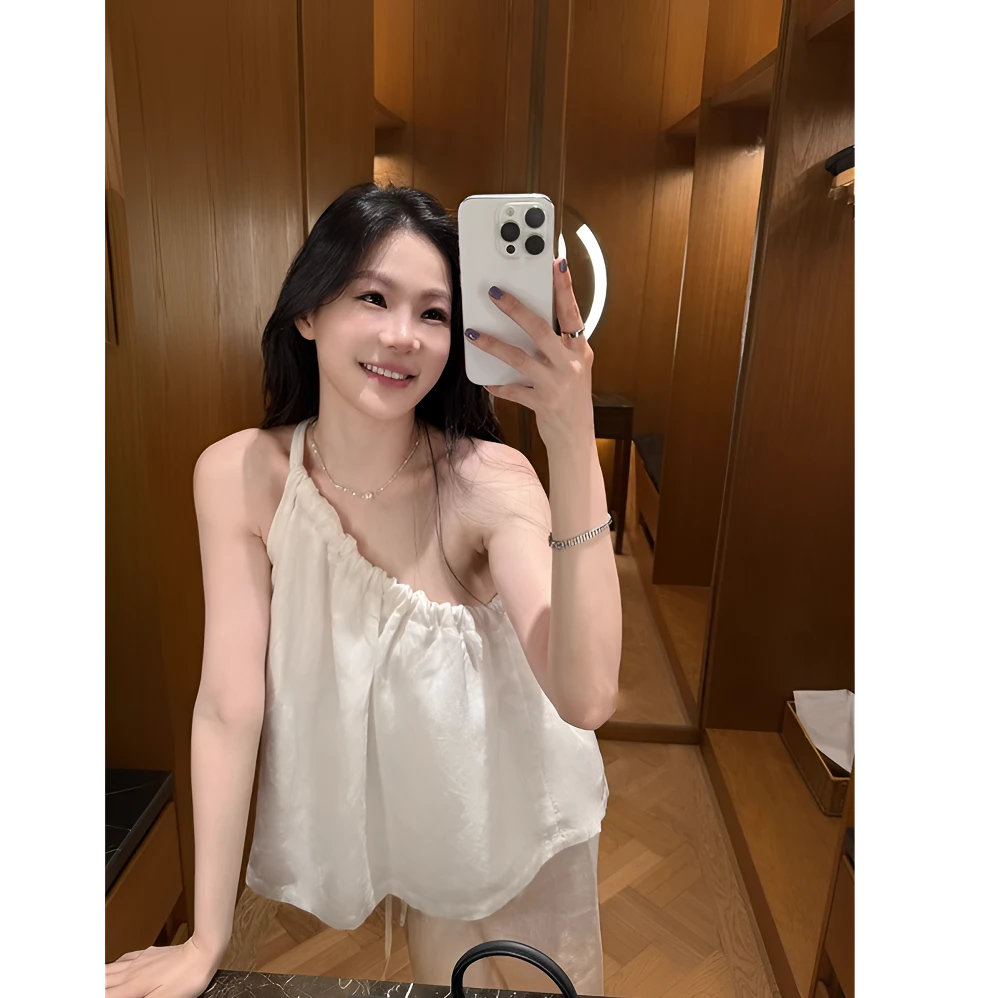 2025夏装设计感小众时尚减龄斜肩薄款睡衣女夏季高腰阔腿裤两件套