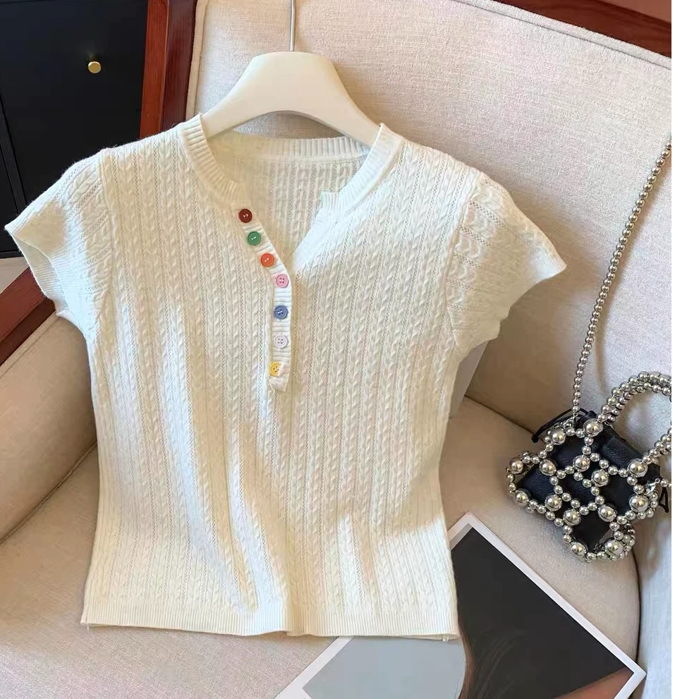 韩系彩色扣针织显瘦上衣女夏季新款百搭舒适外穿洋气短袖小衫