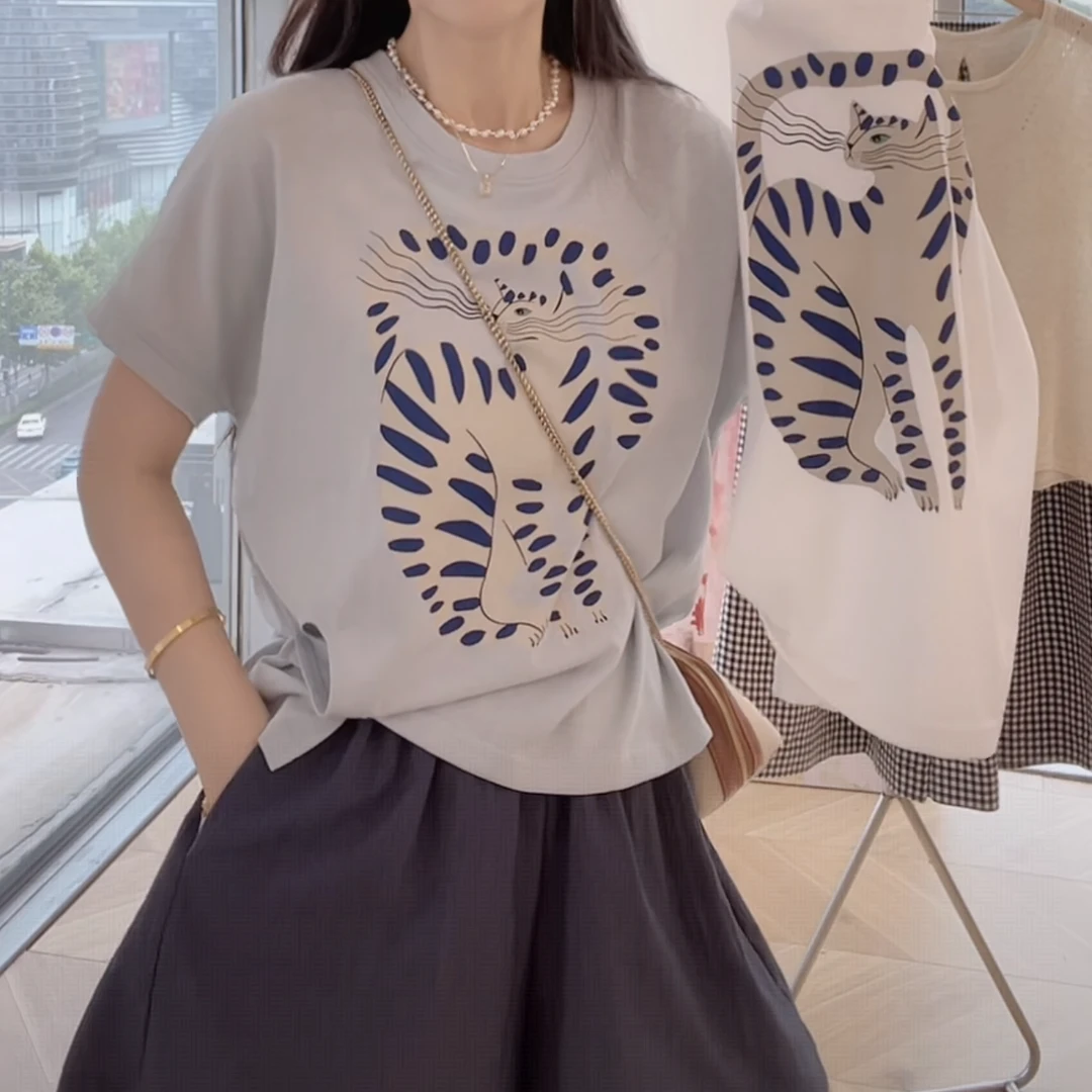 【南油专属】韩版超透气休闲宽松打褶卡通图案短袖t恤2025年15899