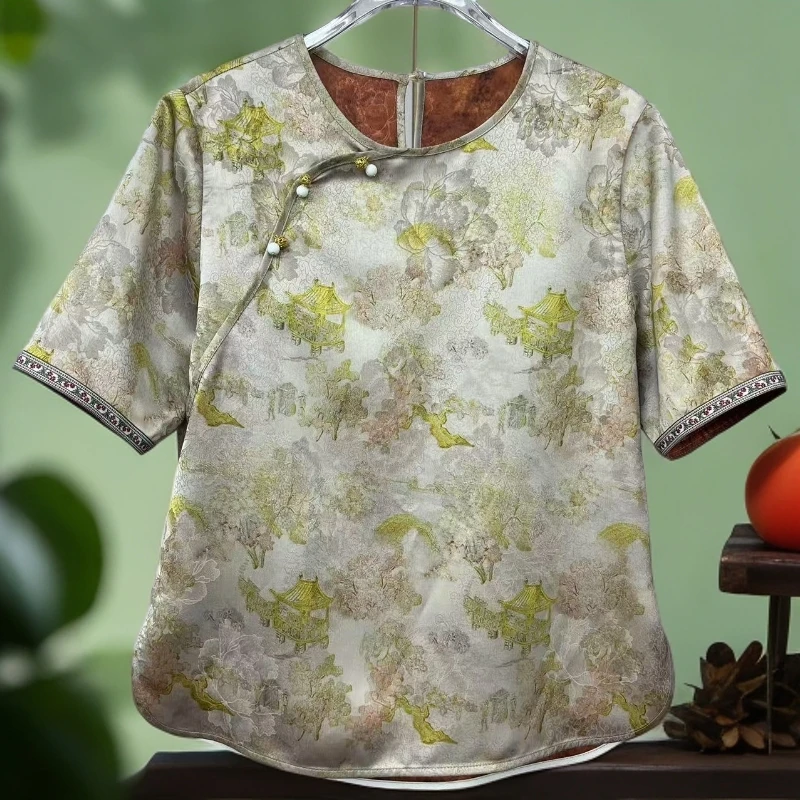 新中式国风女士夏季圆领提花时尚洋气百搭宽松显瘦透气短袖上衣