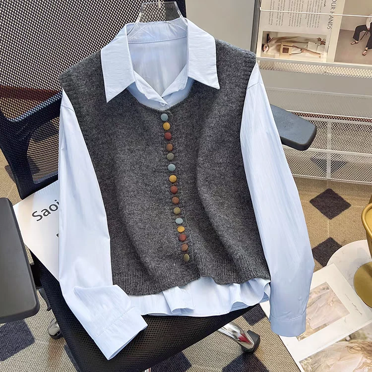 复古叠穿针织马甲长袖衬衫两件套装2025春季新款时尚减龄宽松上衣