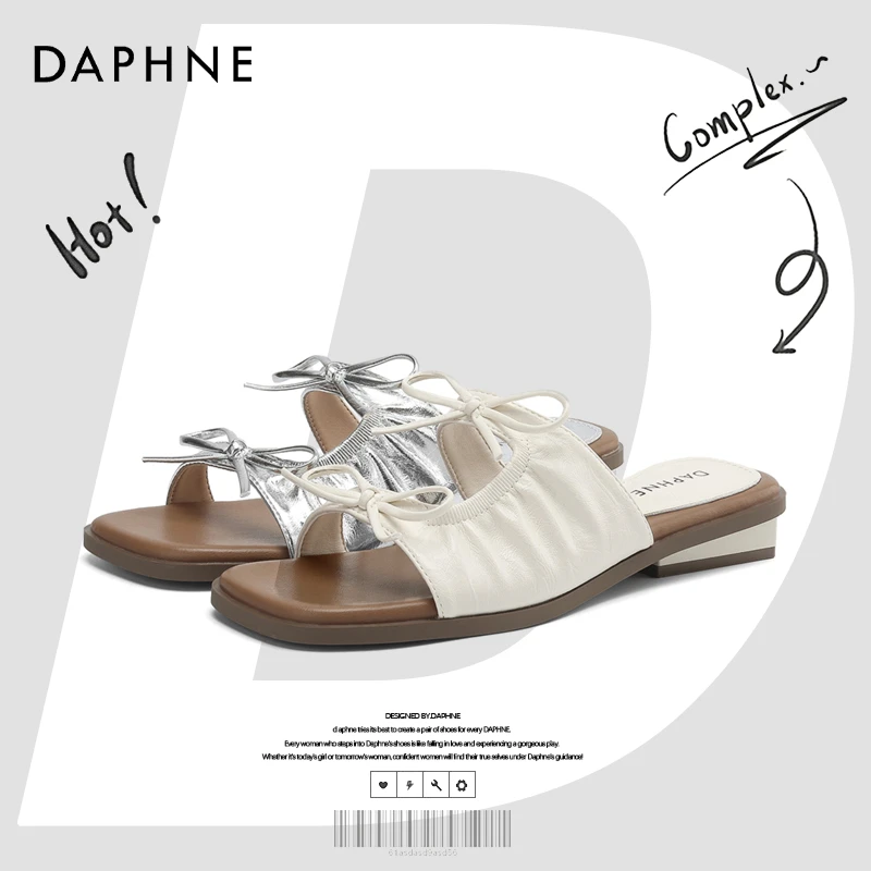 达芙妮网红爆款蝴蝶结凉拖鞋女2025夏季外穿法式方头沙滩一字拖鞋