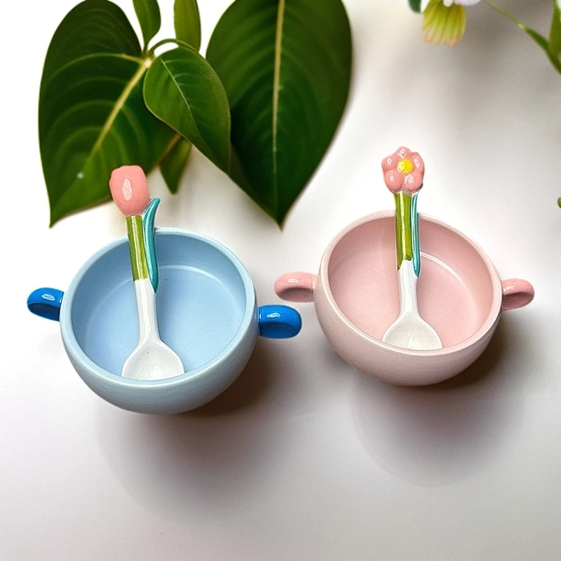 可爱奶油胖胖4件套陶瓷双耳碗早餐碗蒸蛋碗可爱宝宝辅食小碗微瑕