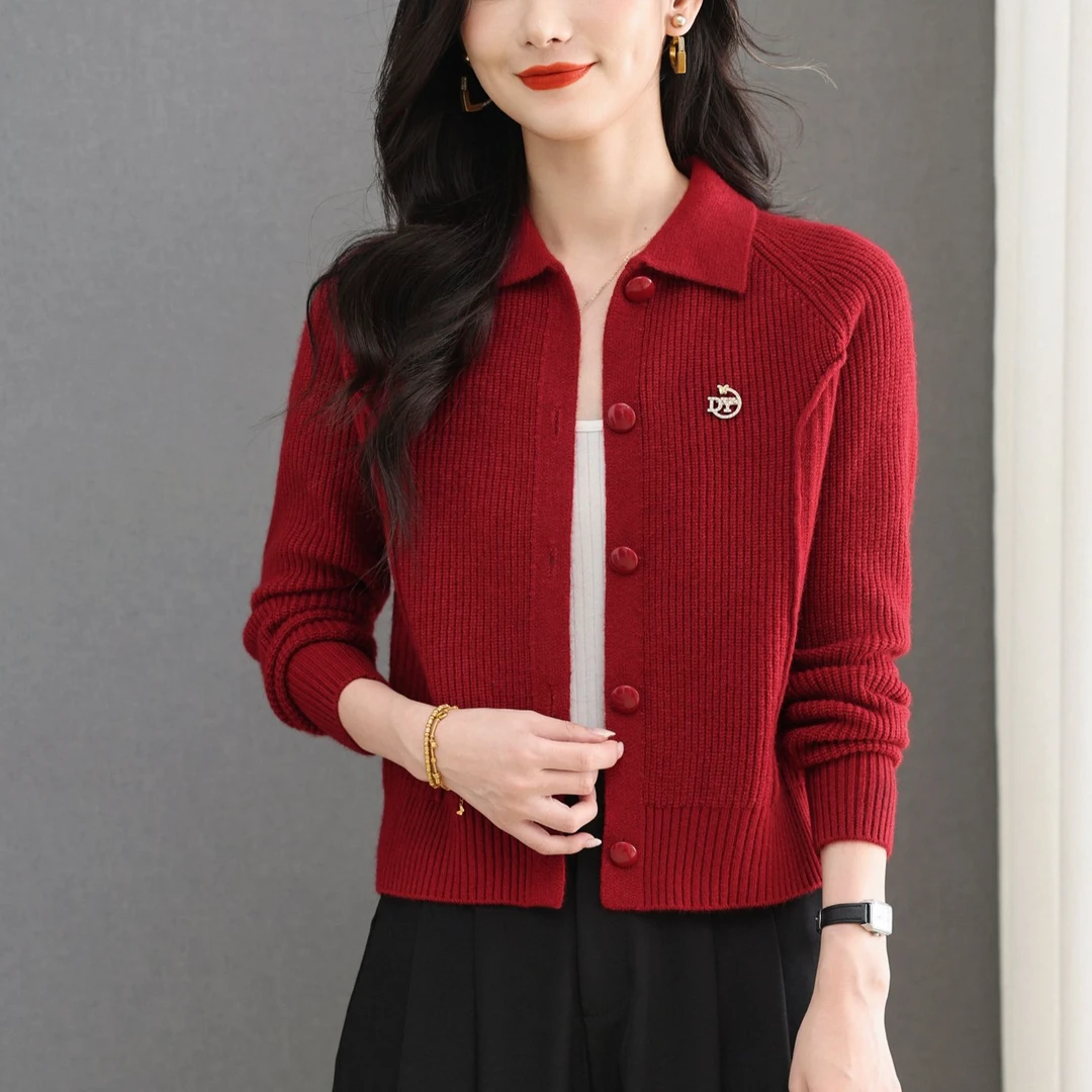 时尚翻领秋冬女装洋气短款针织开衫宽松休闲百搭毛衣外搭中年妈妈