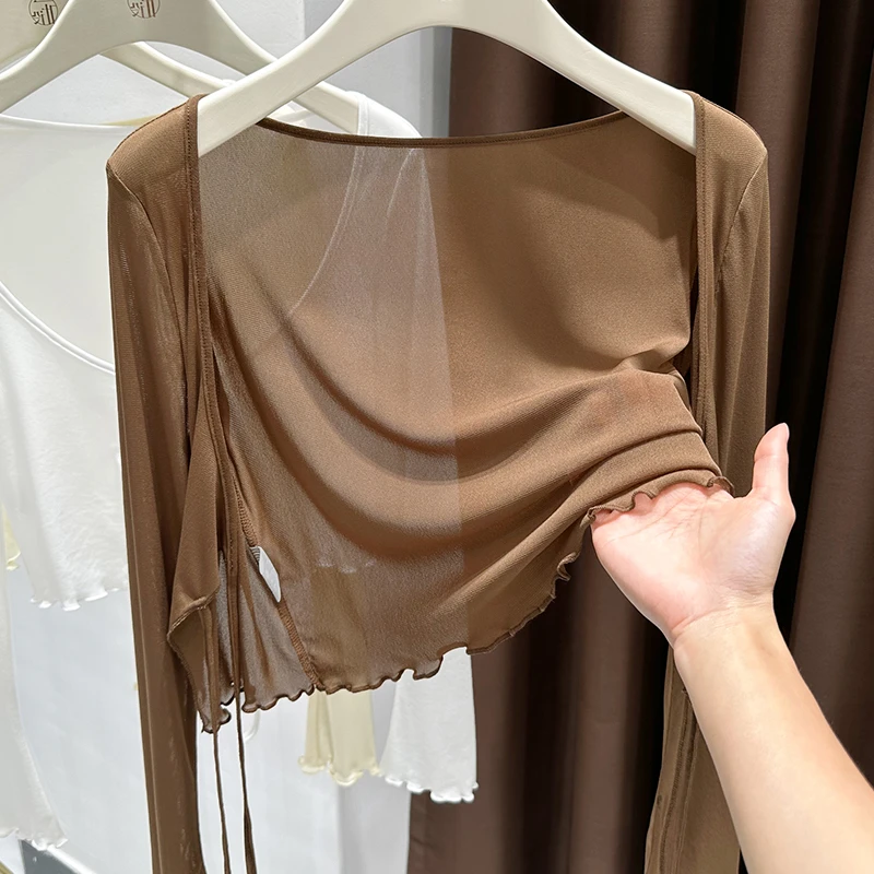 咖色薄款修身网纱长袖防晒小外套配裙子外搭短款蕾丝系带开衫披肩
