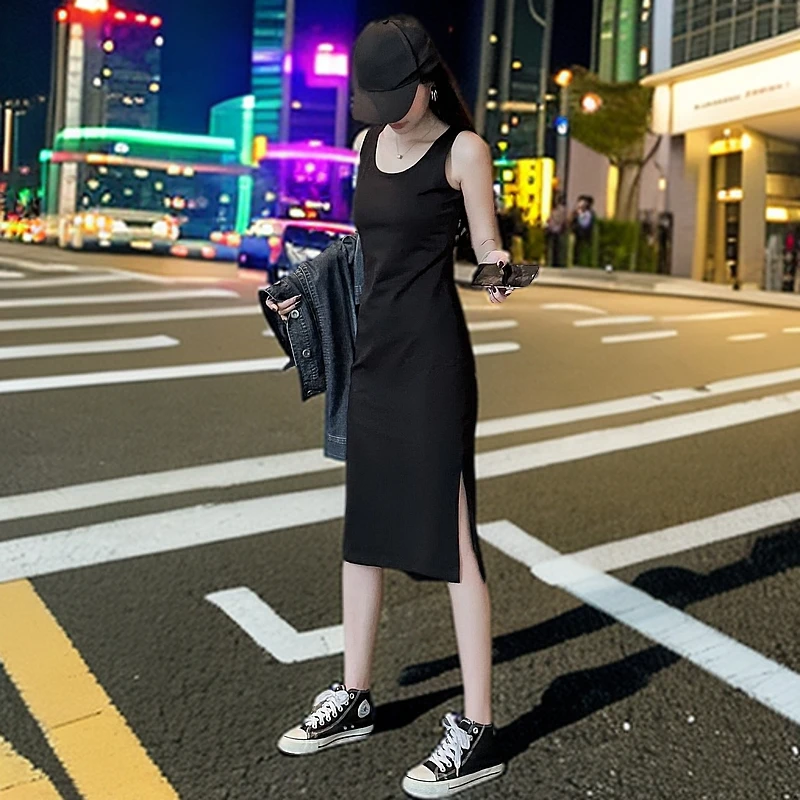 夏季新款吊带连衣裙显瘦中长款背心连衣裙开叉小黑裙打底内搭修身