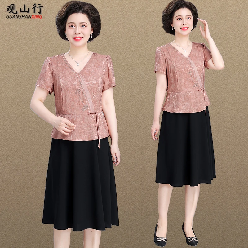 小个子妈妈连衣裙夏季新中式短袖雪纺裙中老年女装夏装假两件裙子