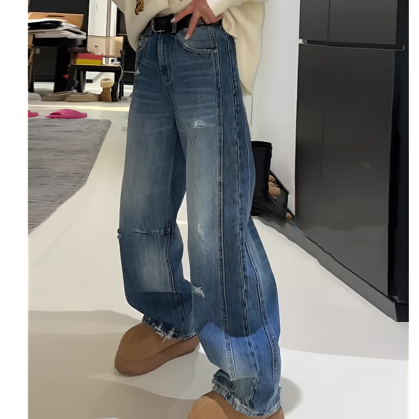 美式2025春季新款今年流行爆款高腰大码直筒双股位弯刀阔腿牛仔裤