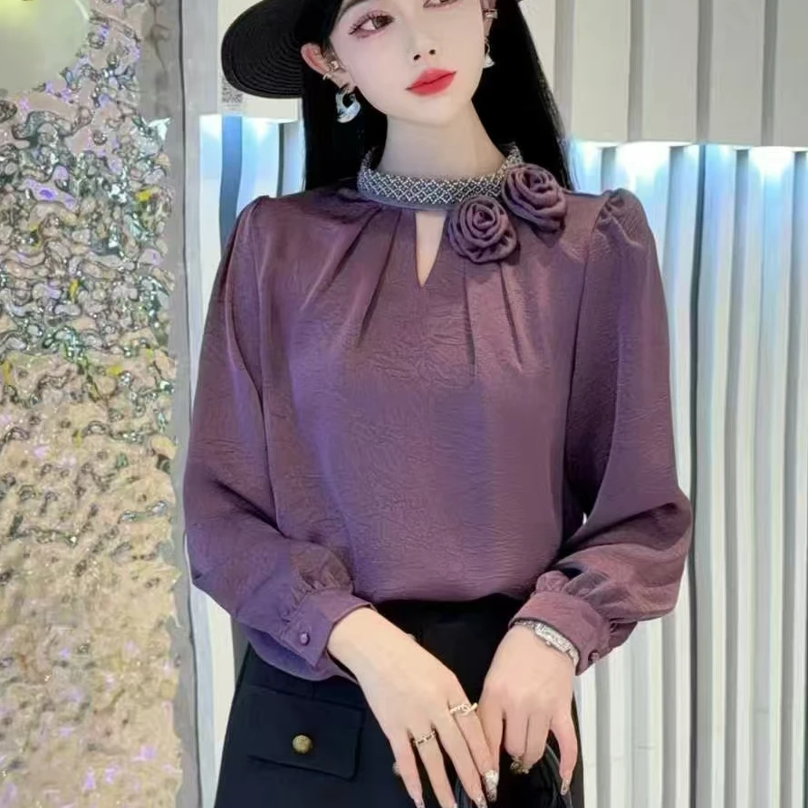 2589玫瑰花立领钉珠长袖女款新款衬衣气质女神范设计感上衣