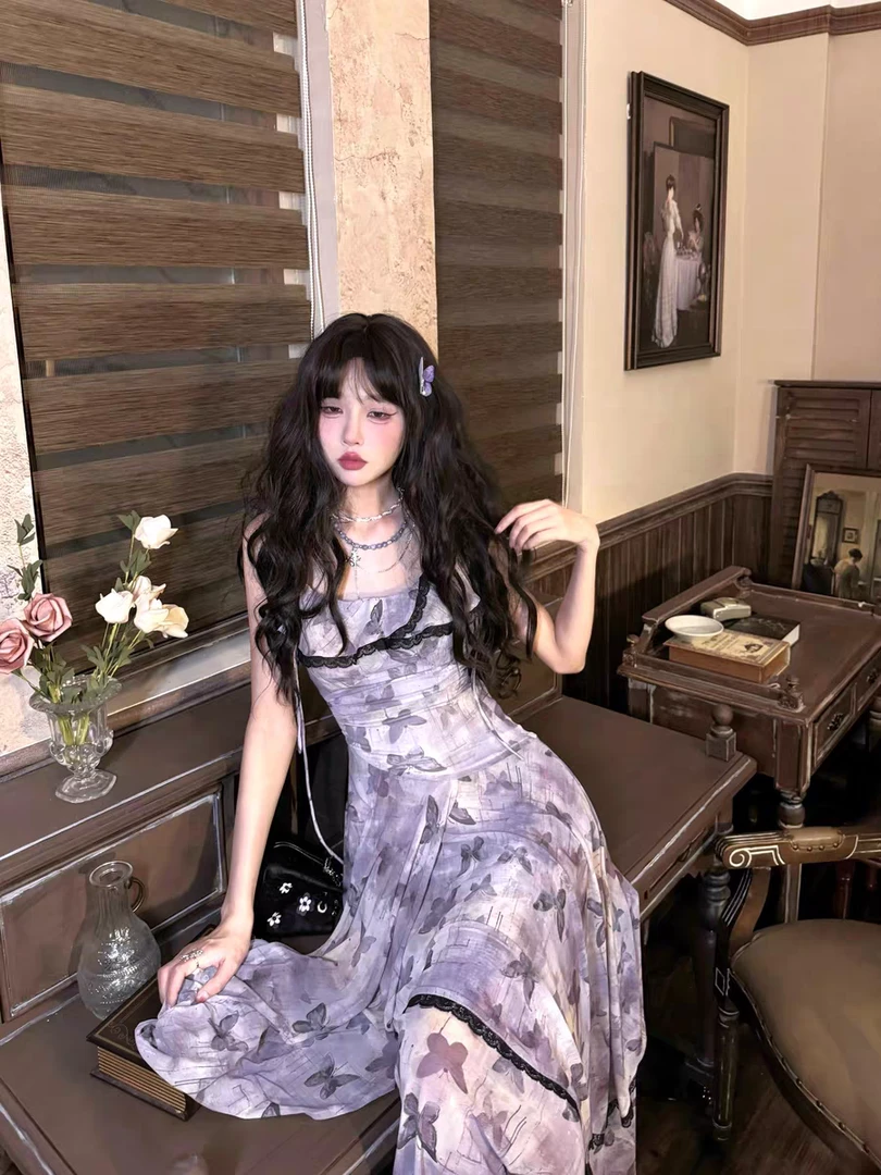 【温柔紫鸢】300斤特大码女装法式复古吊带不规则网纱仙女连衣裙