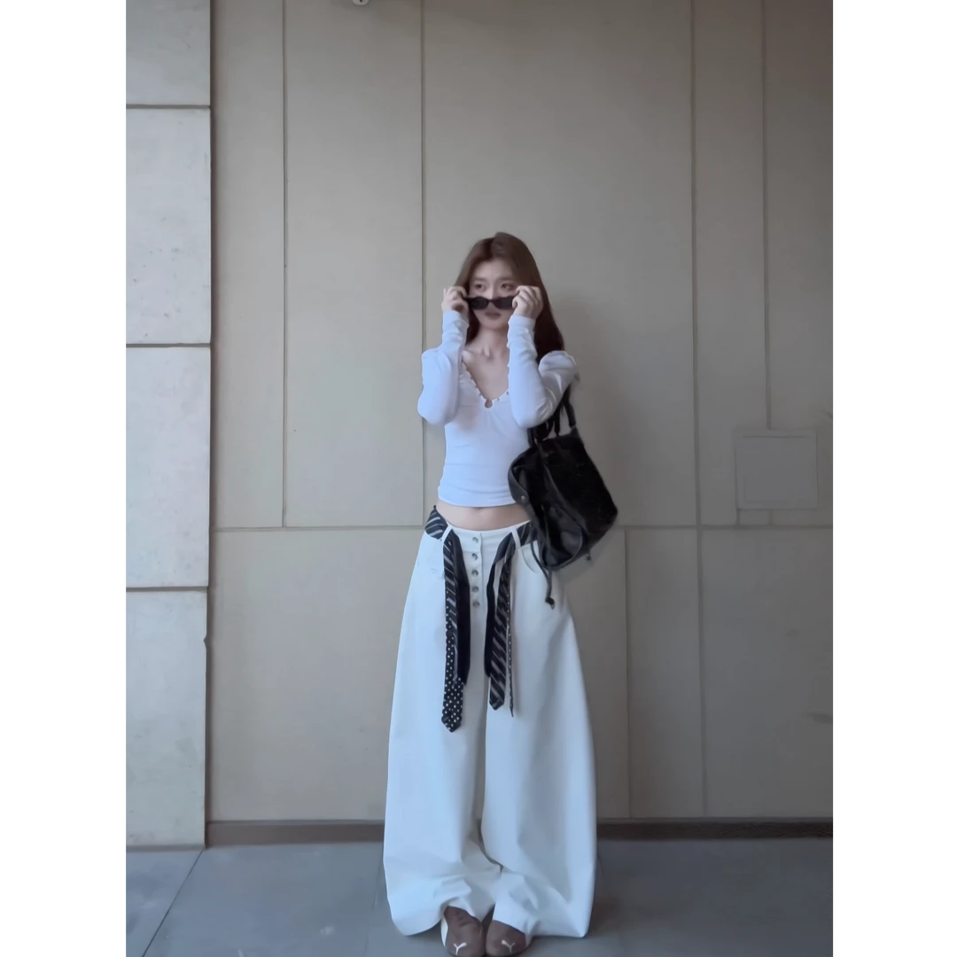 （配腰带）秋季美式复古高级感休闲弯刀百搭垂感阔腿拖地长裤西裤女