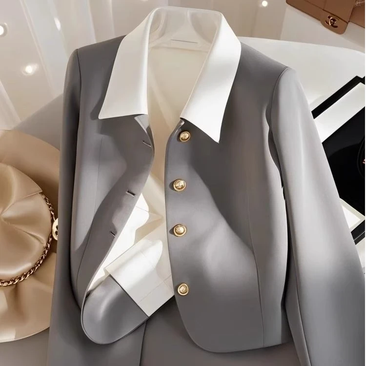 2025春高级感显瘦小香风西装外套胖MM大码灰色气质外套