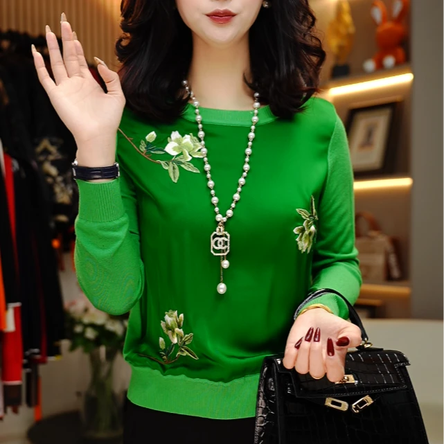 2025秋冬季时尚百搭桑蚕丝印花女士休闲长袖圆领套头衫-刺绣绿