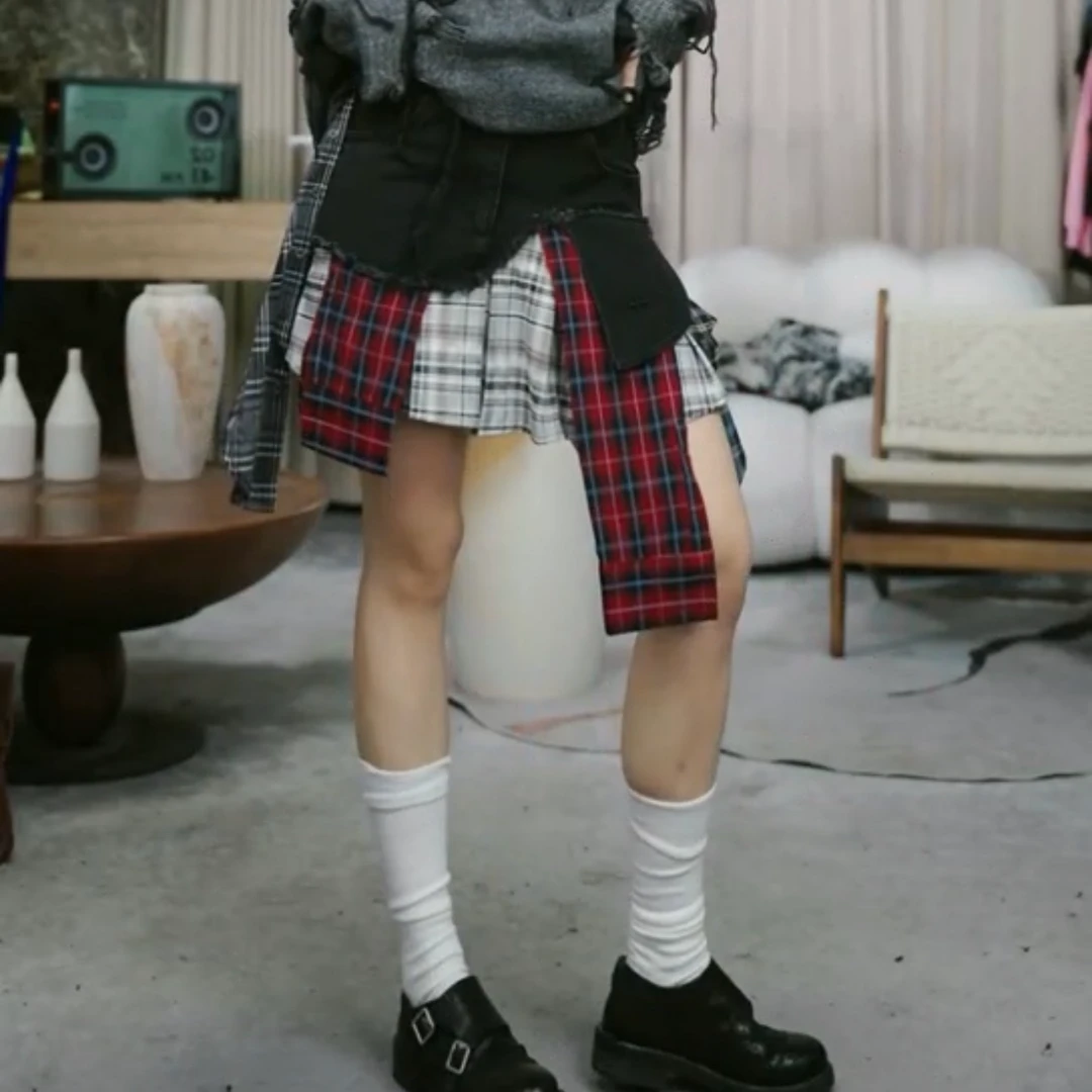 infobyfive2025秋冬新款拼接牛仔格子短裙有内衬六店NF0508205