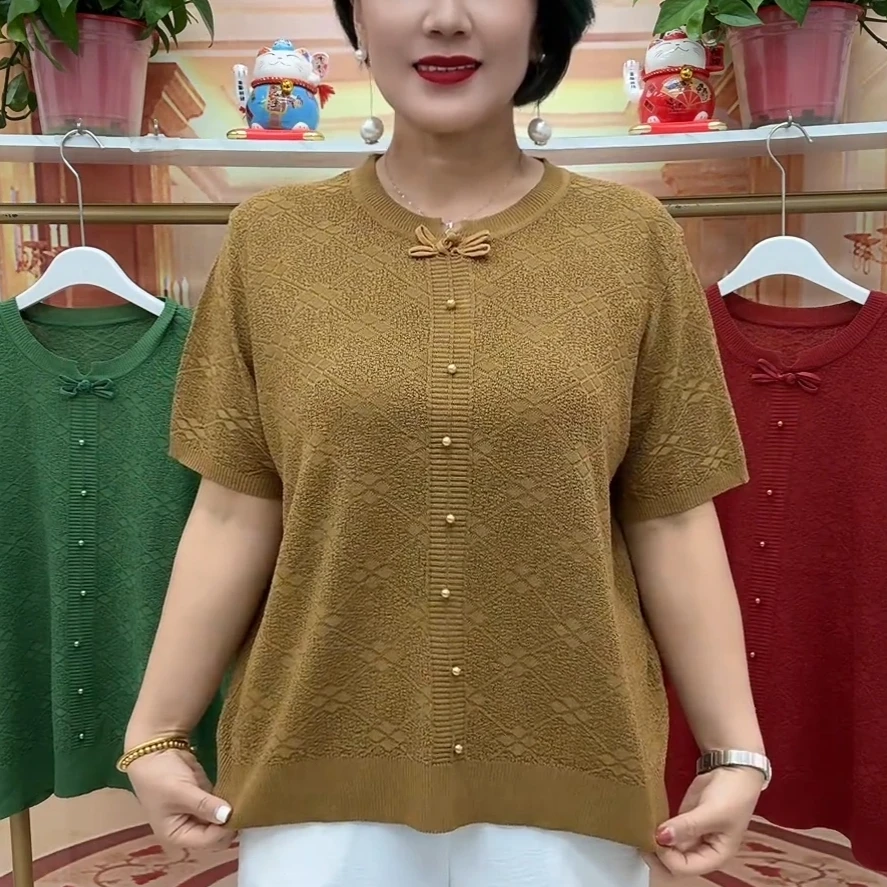 百搭碎花2025新款复古风中老年妈妈装夏季短袖宽松显瘦女装针织衫